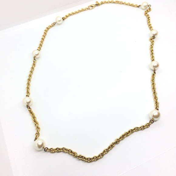 VINTAGE 90S CAROLEE FAUX PEARLS STATION NECKLACE GOLD TONE CHAIN MOBWIFE CLASSIC - Picture 5 of 13